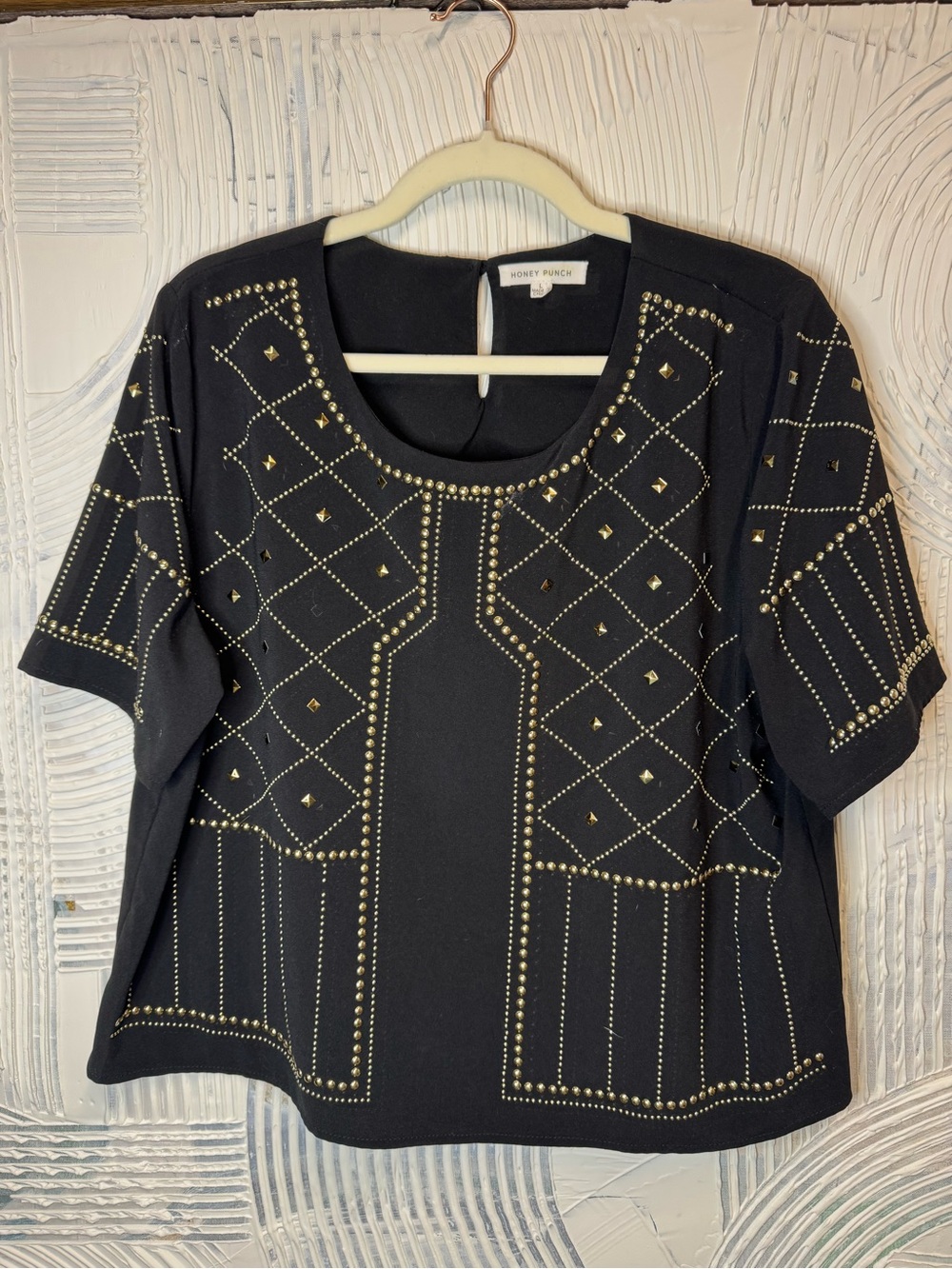 Honey Punch Black Short-Sleeve Top with Gold Stud Accents